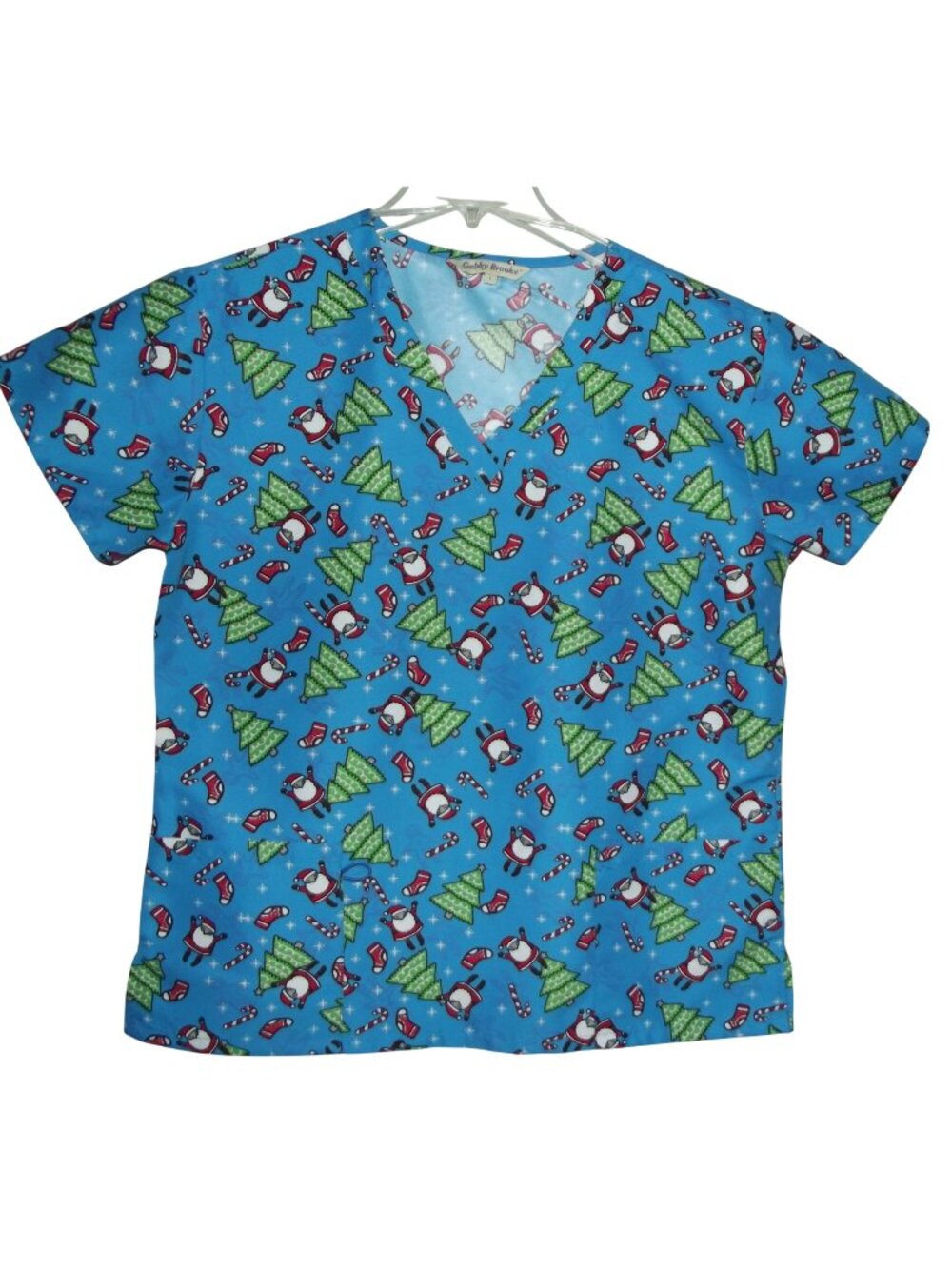 Gabby Brooke Scrub Top Womens Size Large Christmas Santa Clause v-neck pockets